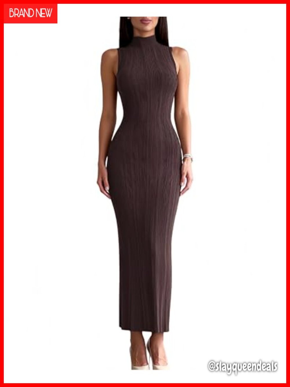 Women's Ribbed Knit Mock Neck Sleeveless Maxi Bodycon Sweater Dress